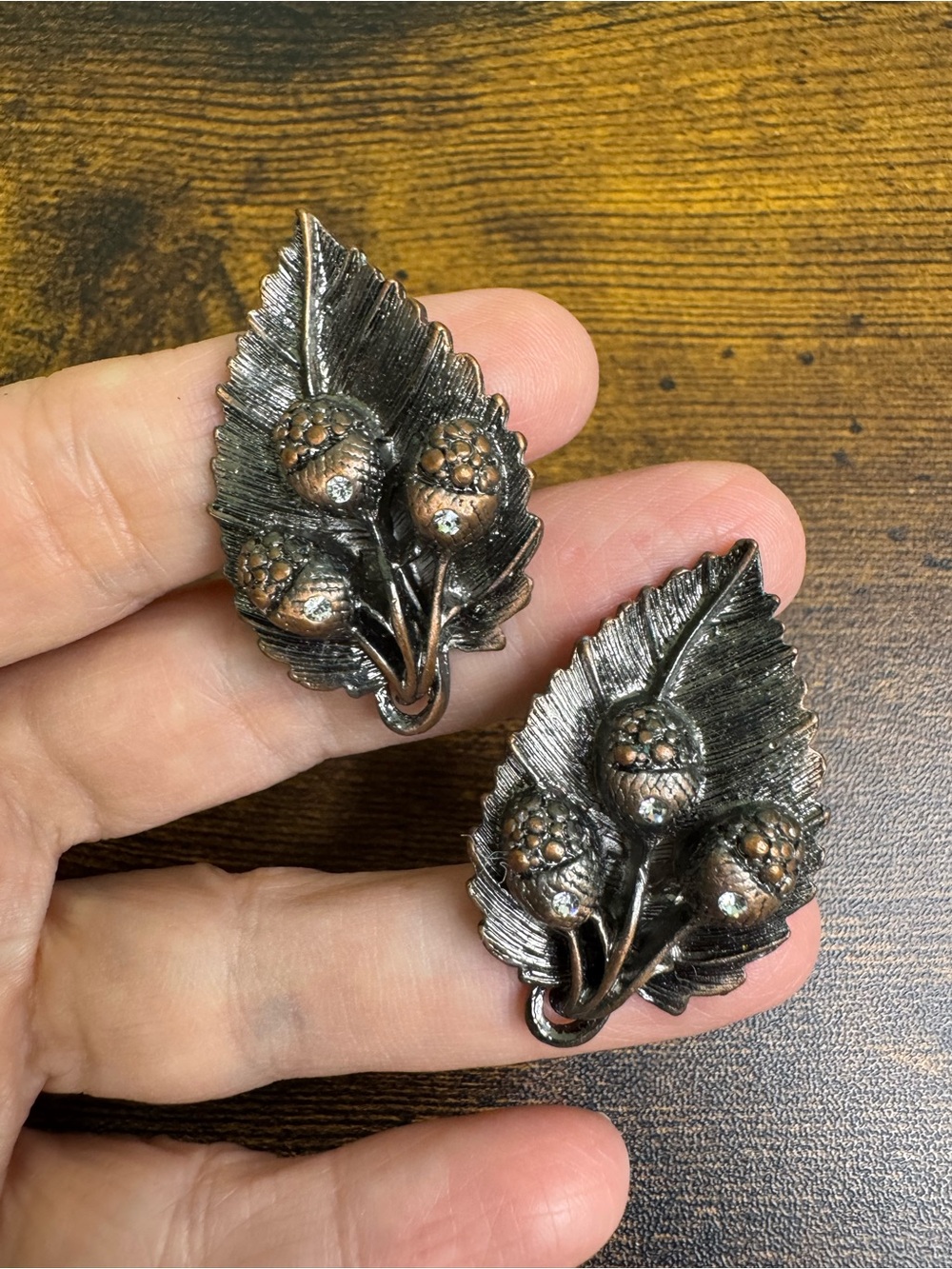 Vintage Silver and Bronze Leaf and Berry Clip-On Earrings